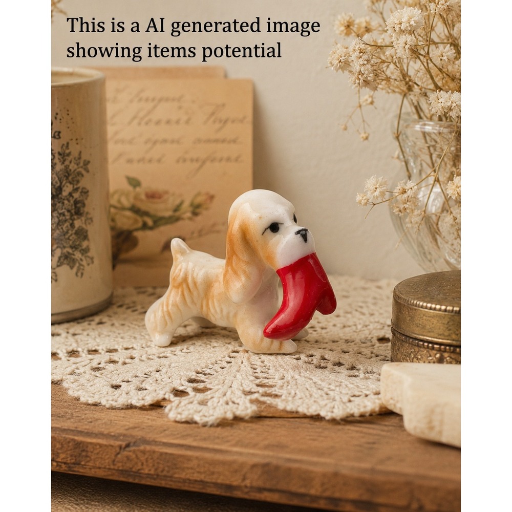 Vintage Mini Glossy Dog Figurine Red Shoe In Mouth Puppy 1.5"
